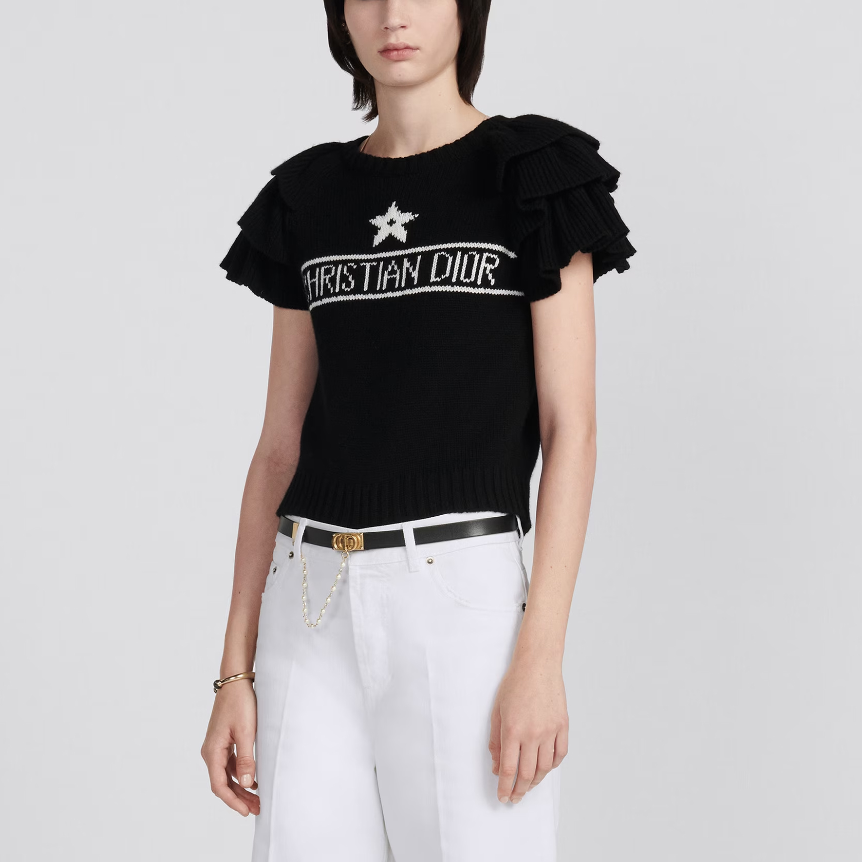 Details for (W) DIOR SS23 Sweater Hitam Lengan Pendek Cashmere dengan Logo Jacquard. 324S13AM003-X9330