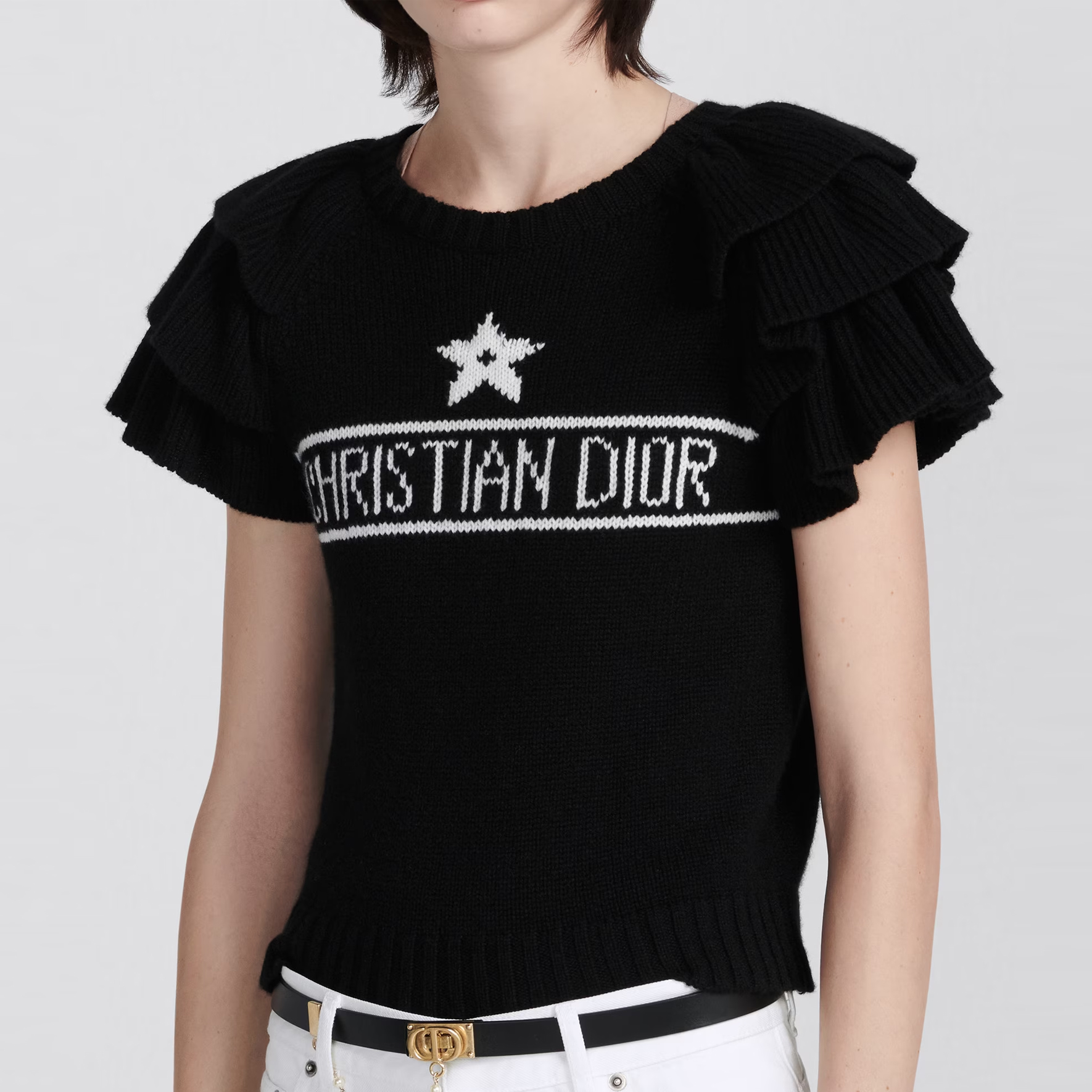 Sizing (W) DIOR SS23 Sweater Hitam Lengan Pendek Cashmere dengan Logo Jacquard. 324S13AM003-X9330