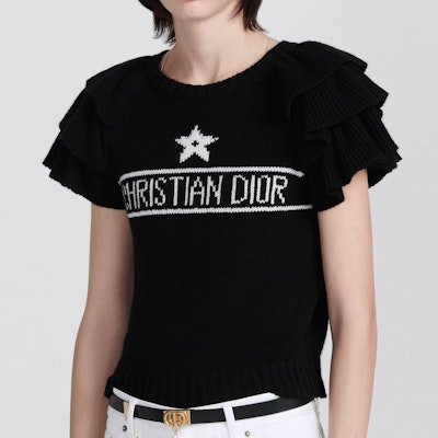 (W) DIOR SS23 Sweater Hitam Lengan Pendek Cashmere dengan Logo Jacquard. 324S13AM003-X9330 Sizing (W) DIOR SS23 Sweater Hitam Lengan Pendek Cashmere dengan Logo Jacquard. 324S13AM003-X9330