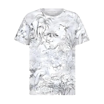 (Women) DIOR SS23 Floral Animal Print White Crewneck T-Shirt Short Sleeve 343T06A4505-X0858