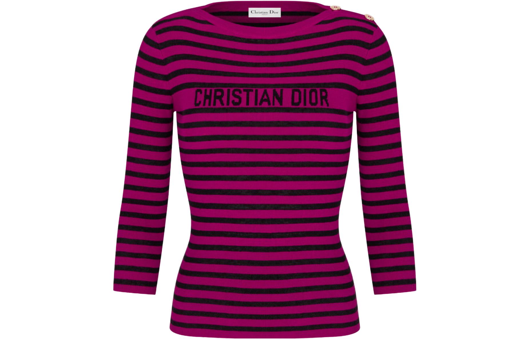 (Women) DIOR SS23  Striped Letter Knit Long Sleeve Top in Pink. 344S97AM729-X4858