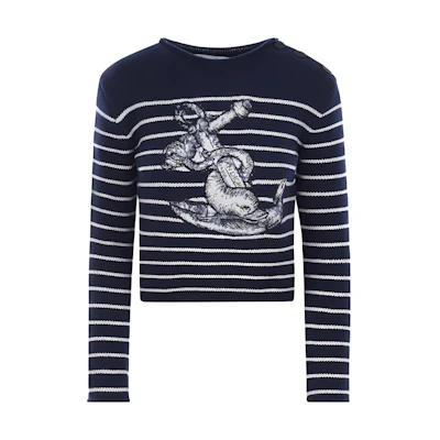 (Women) DIOR SS23 Striped Print Crewneck Long Sleeve Sweater Blue. 214S22BM002-5884