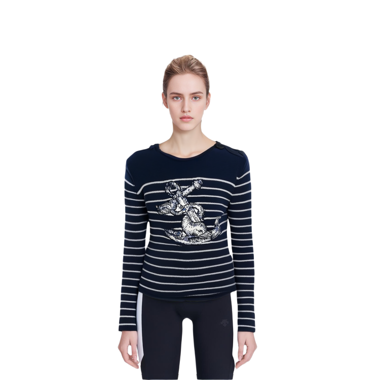 Lookbook (W) DIOR SS23 Sweater Lengan Panjang Garis Crewneck Biru. 214S22BM002-5884