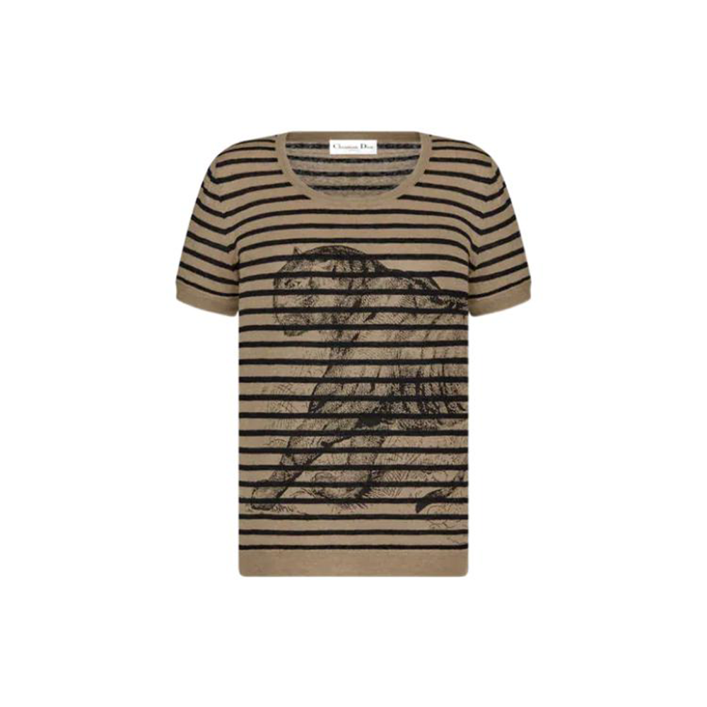 (Women) DIOR SS23 Oversized Striped T-Shirt with Toile de Jouy Print  Hazel Brown. 254S28AM738-X1800