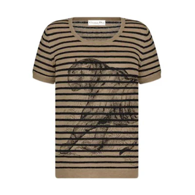 (Women) DIOR SS23 Oversized Striped T-Shirt with Toile de Jouy Print Hazel Brown. 254S28AM738-X1800