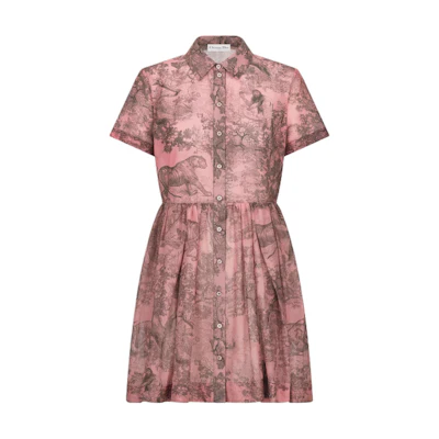 (Women) Dior SS23 Pink Animal Print Short-Sleeve Button-Up Dress for Women. 341R32A3877-X4839