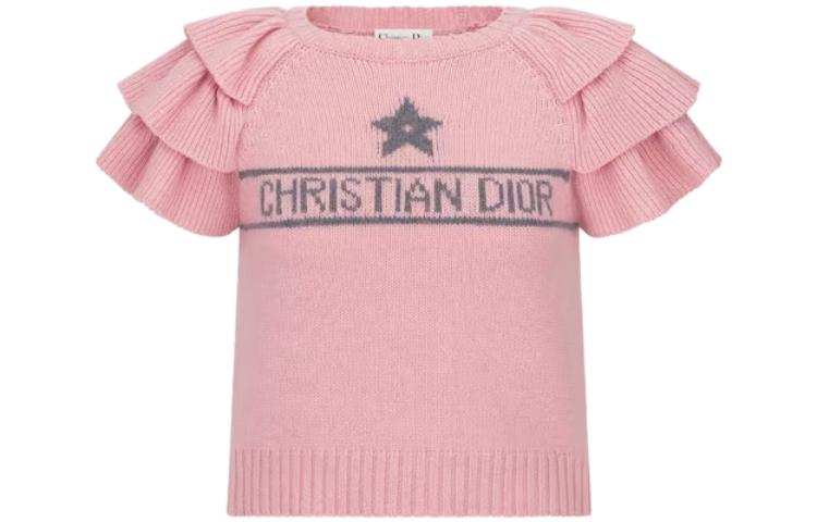 (Women) DIOR SS23 Pink Knit Pullover with Logo Print and Ruffle Detail for Women. 344S13BM003-X4839