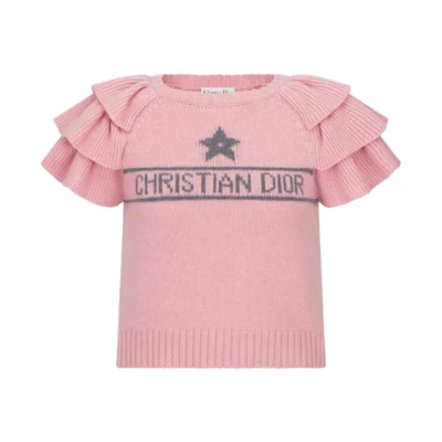 (Women) DIOR SS23 Pink Knit Pullover with Logo Print and Ruffle Detail for Women. 344S13BM003-X4839