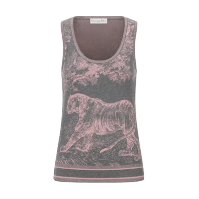 (Women) DIOR SS23 Women’s Grey Knit Sweater with Colorblock Animal Print Design. 224T46AM104-X8839