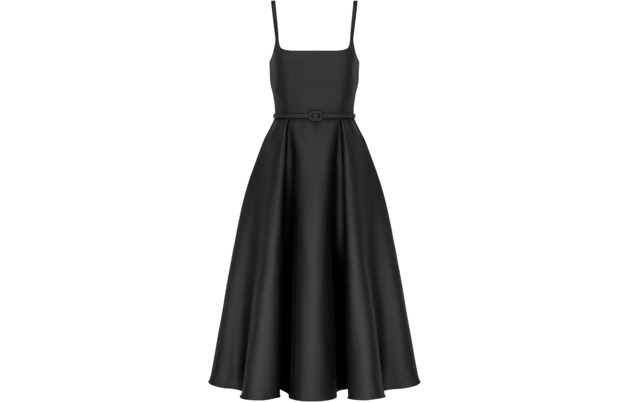 (Women) DIOR SS24  Black Solid Pleated Square-Neck Midi Flared Strap Dress 421R73A1212-X9000