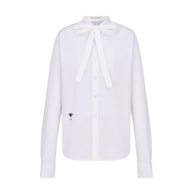 (Women) DIOR SS24 White Long Sleeve Shirt with Logo Embroidery and Bow Detail. 441B39A3356-X0100