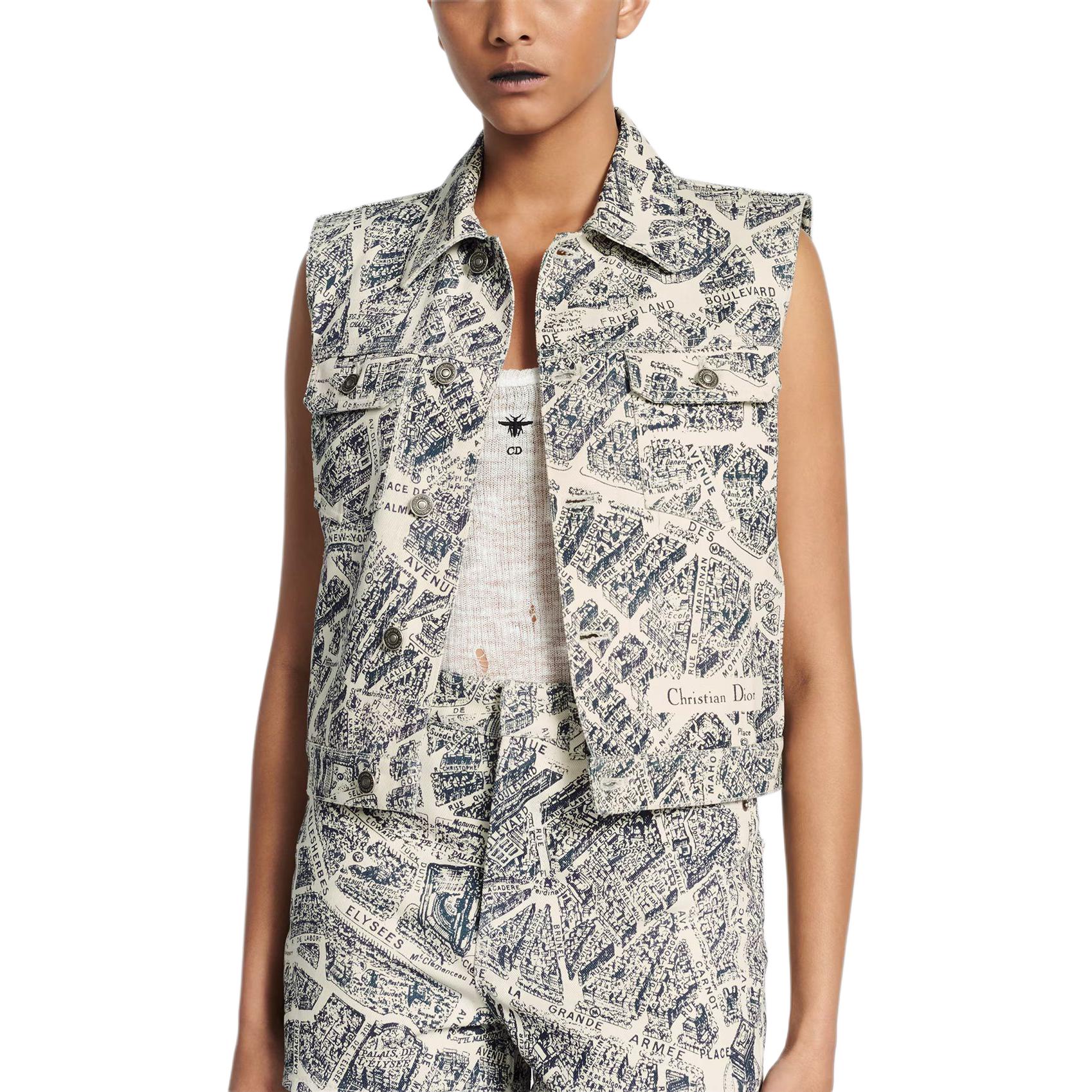 Lookbook (W) Chaleco corto abotonado DIOR SS24 azul marino con diseño. 422G16A3980-X1850