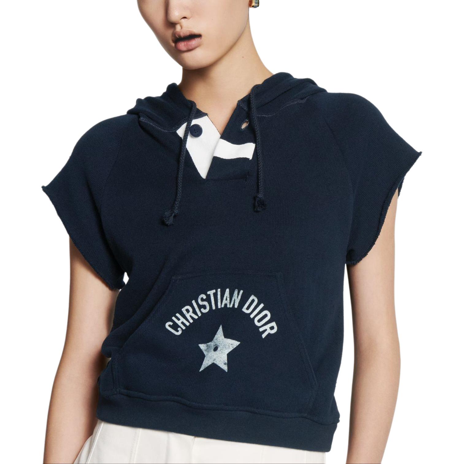 Shop (W) ディオール レディース ネイビーブルー ロゴプリント 半袖フーディ SS24 423S25A4117-X5645