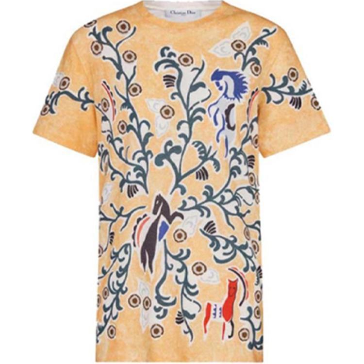 (Women) DIOR Yellow Graphic Print Loose-Fit Crewneck T-Shirt FW21. 943T03RC428-2817