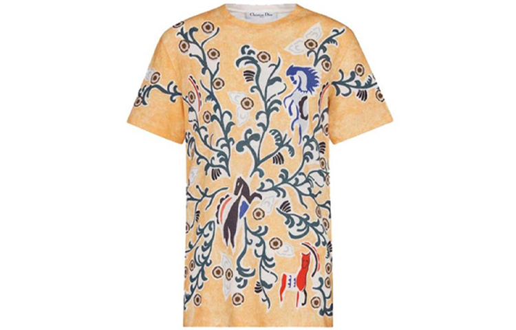 Order (W) ディオール イエロー グラフィックプリント ルーズフィット クルーネック Tシャツ FW21 943T03RC428-2817