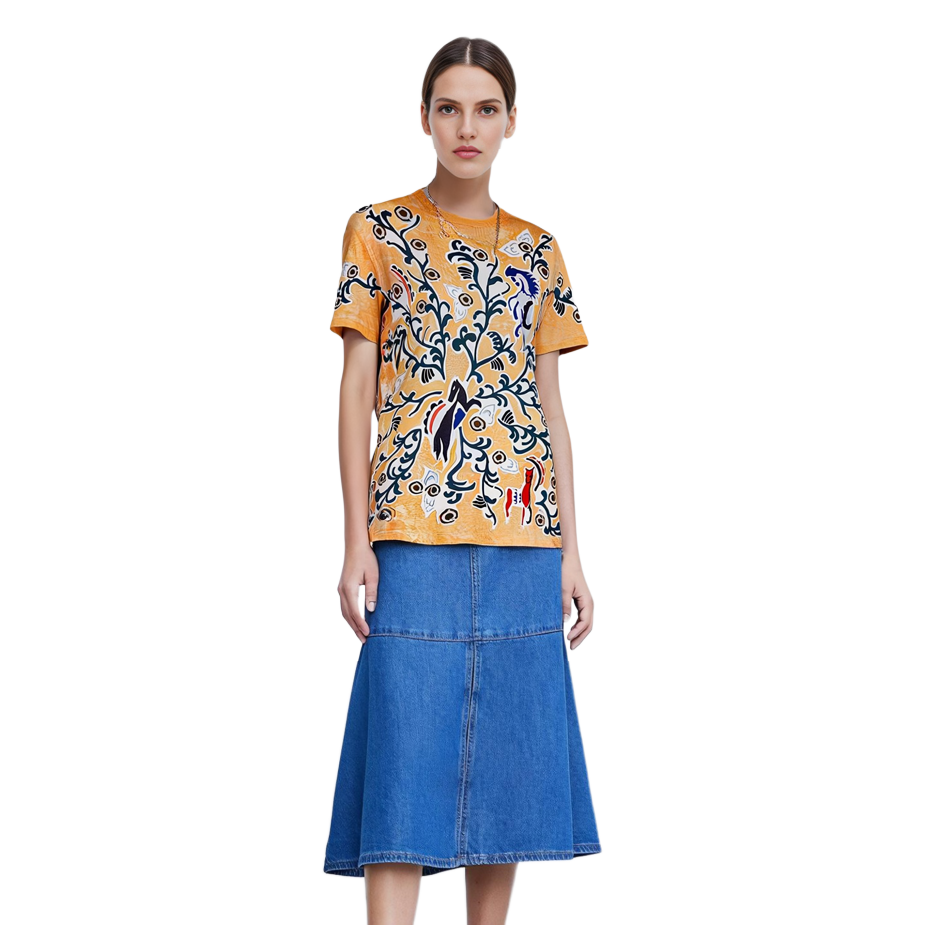 Shop (W) ディオール イエロー グラフィックプリント ルーズフィット クルーネック Tシャツ FW21 943T03RC428-2817