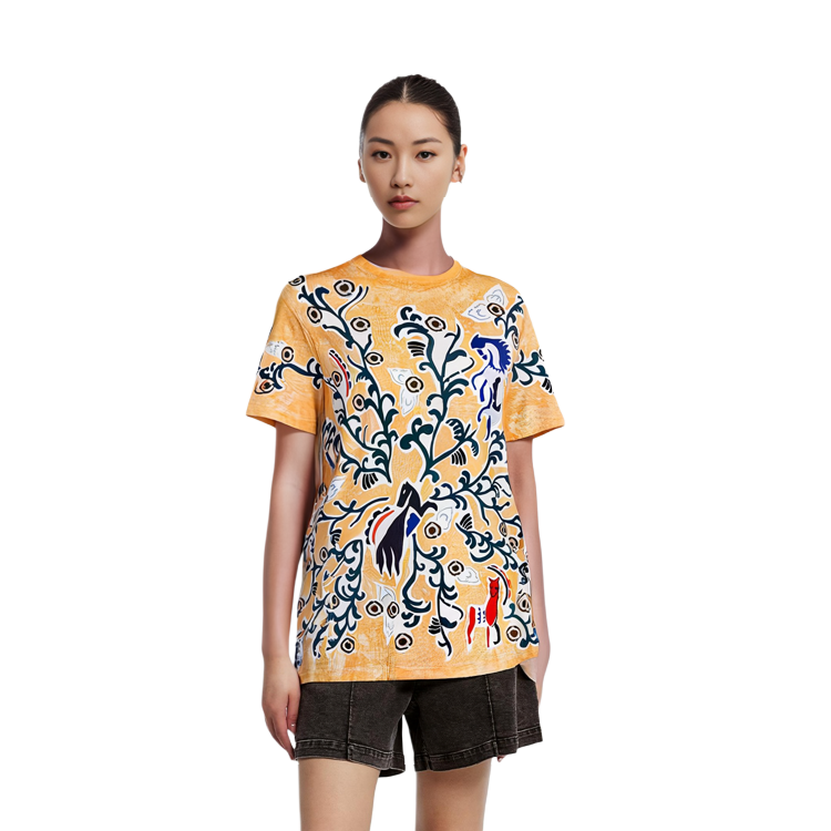 Purchase (W) ディオール イエロー グラフィックプリント ルーズフィット クルーネック Tシャツ FW21 943T03RC428-2817