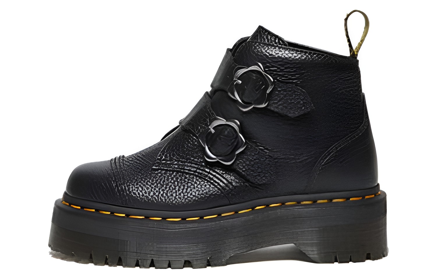 (Women) Dr. Martens Devon Flower Buckle Leather Platform Boots 'Black' 27642001
