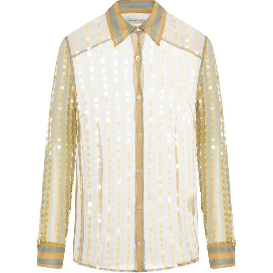 (Women) Dries Van Noten Sheer Yellow Long-Sleeve Shirt with Embellished Collar 2410107568105-350