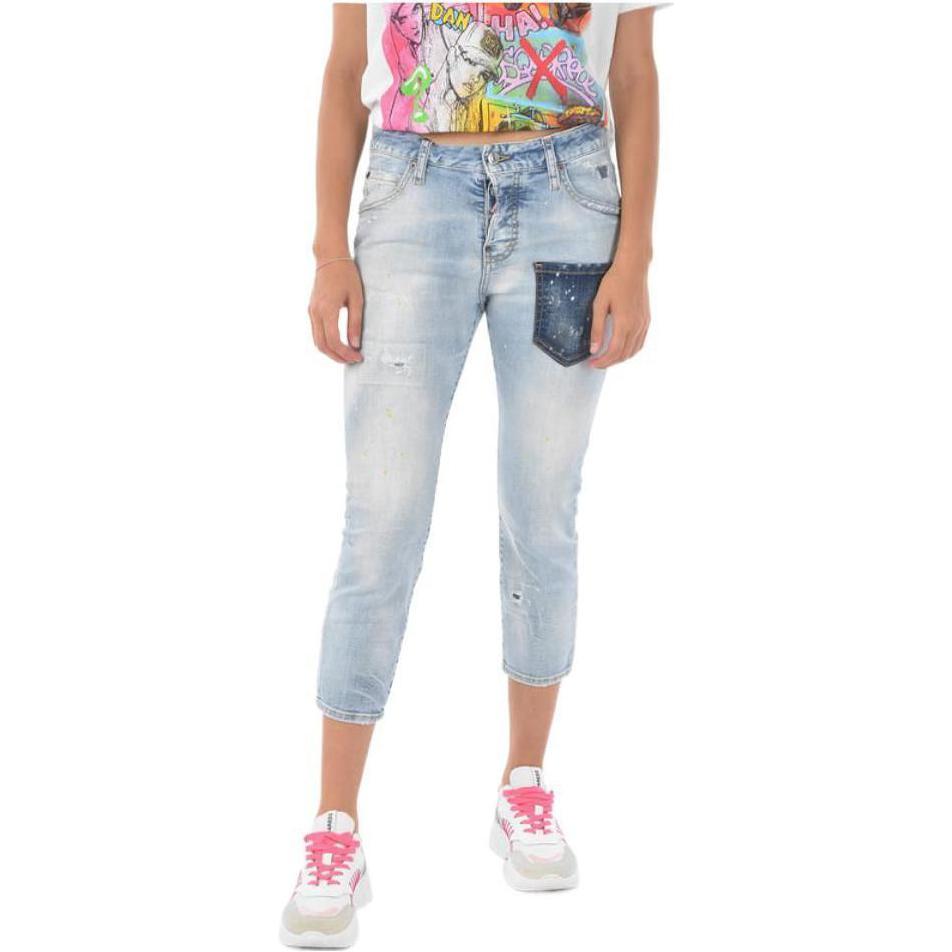 (Women) DSQUARED2  Solid Patch Pocket Button Cropped Jeans Light Blue S75LB0512S30665470
