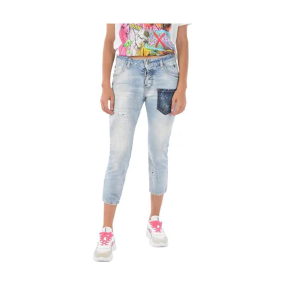 (Women) DSQUARED2 Solid Patch Pocket Button Cropped Jeans Light Blue S75LB0512S30665470