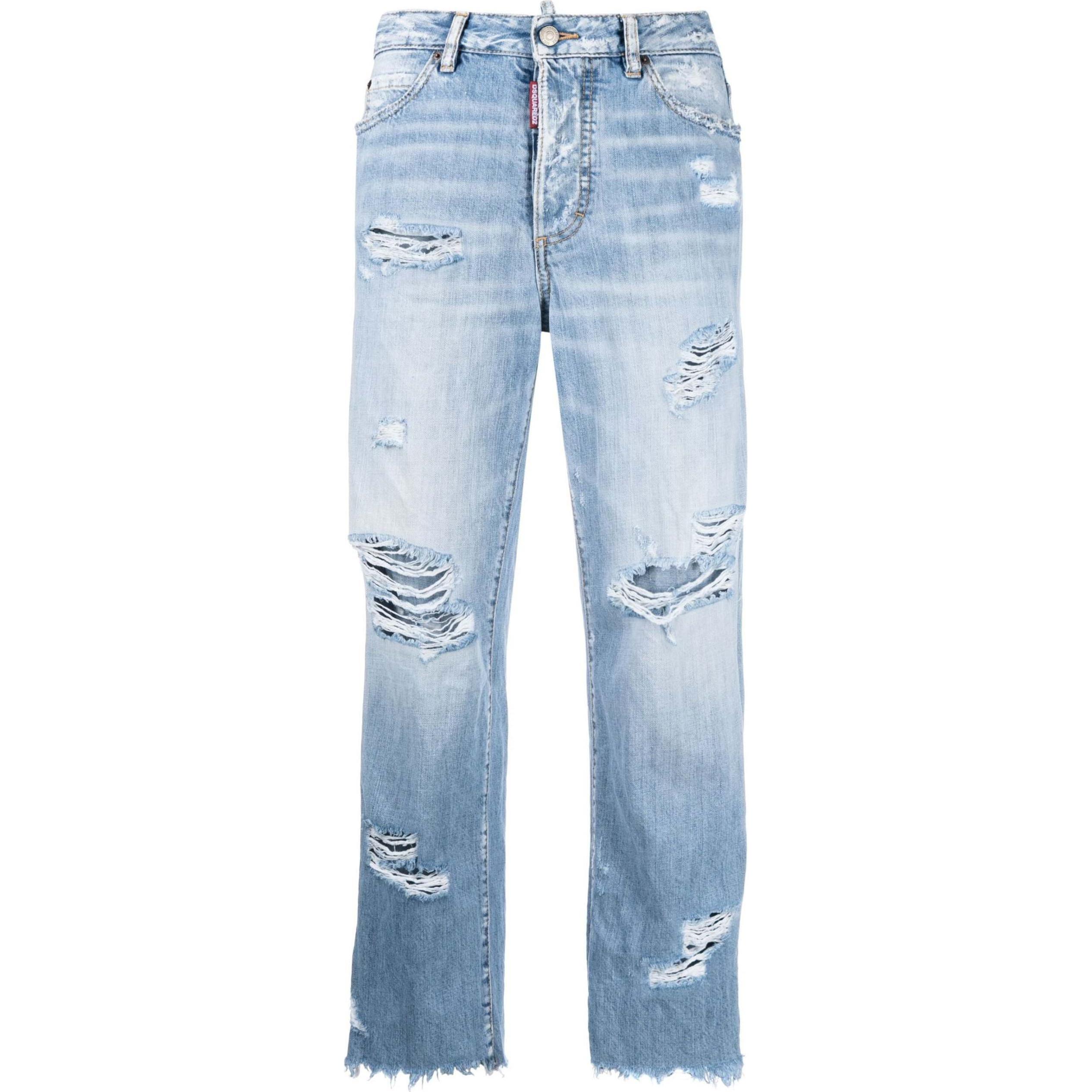 (Women) DSQUARED2 SS22 Distressed Straight Leg Denim Jeans Women Blue S72LB0474S30309-470