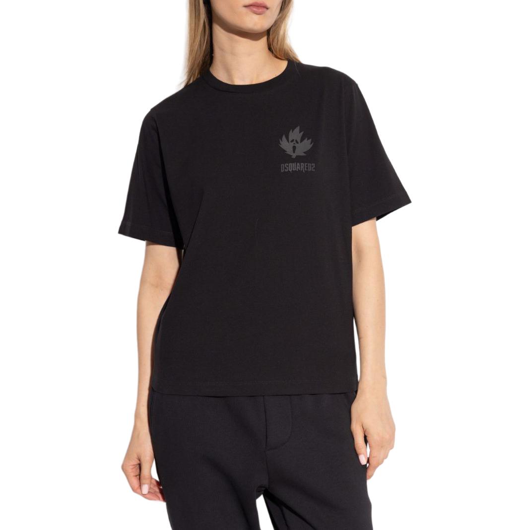 Shop (W) DSQUARED2 SS24 Baju-T Leher Bulat Logo Daun Maple Hitam. S75GD0415D20020-900