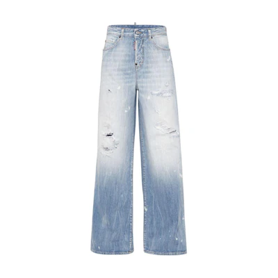(Women) DSQUARED2 SS24 Distressed Wide-Leg Faded Ripped Zip Jeans Women Navy Blue S75LB0951S30309-470