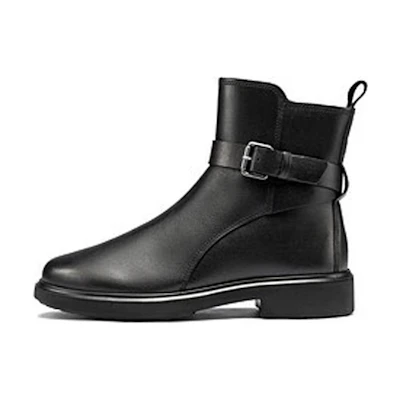 (W) ECCO Leather Round Toe Flat Heel Short Martin Boots 'Black/Terracotta'
