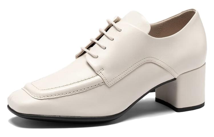 (Women) ECCO Leather Simple Square Toe British Chunky Heel 'Beige' 29072301378