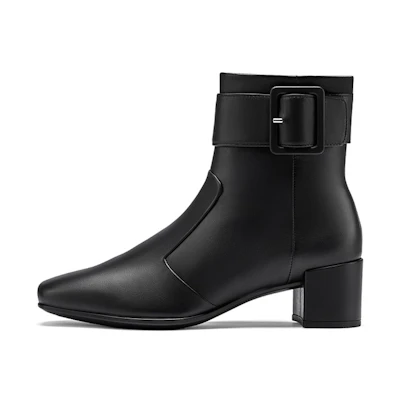 (W) ECCO Shape 35 Square Ankle Boot 'Black Leather Side Zip Block Heel'