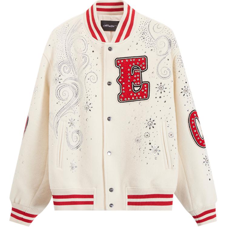 (Women) Ed Hardy FW24 White Rhinestone Graphic Baseball Jacket E1QDW326