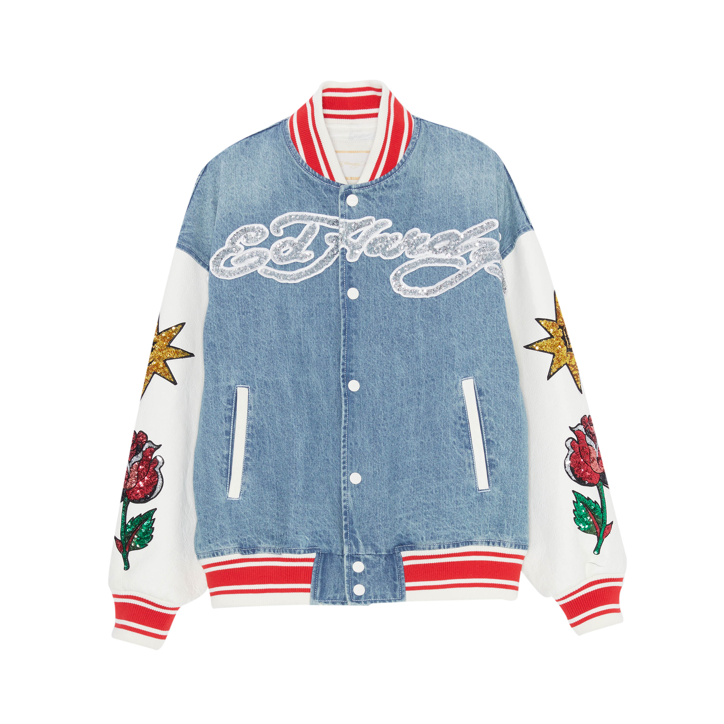 (Women) Ed Hardy Indigo Rose Tattoo Baseball Jacket E1PAW126