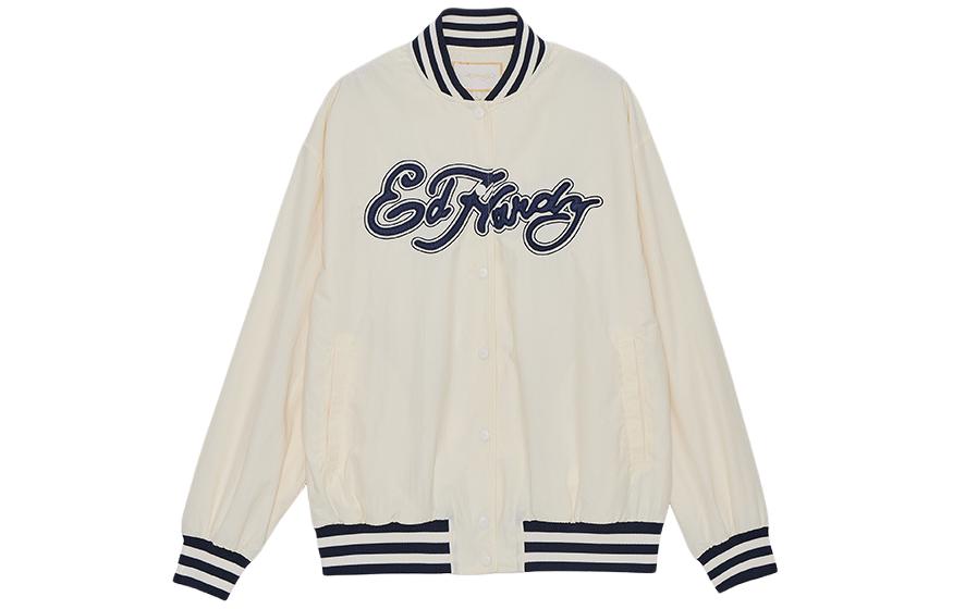 (Women) Ed Hardy Ivory White Loose Fit Baseball Jacket Cardigan E1PCW517