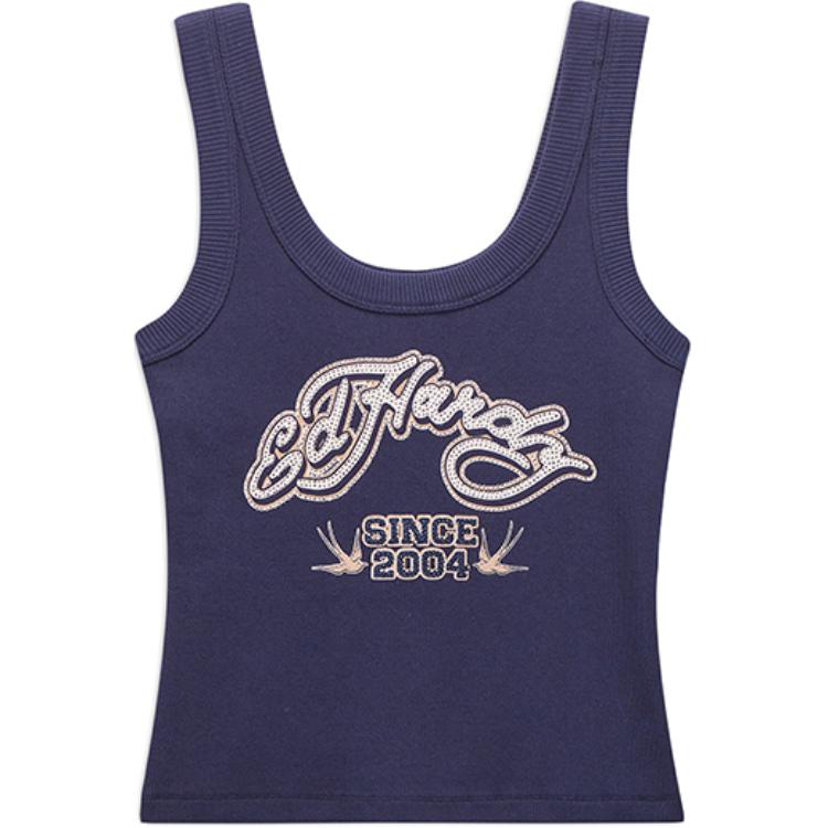 (Women) Ed Hardy Midnight Blue Rhinestone Slim-Fit Sleeveless Tank Top SS25 E1RAW358