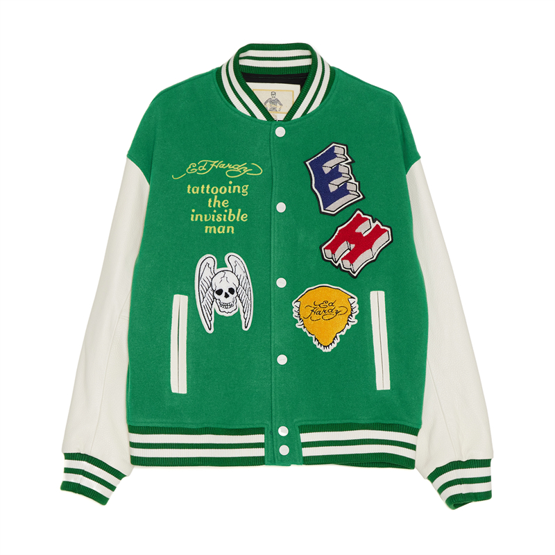 Ed Hardy Olive Green Tiger Logo Patch Baseball Jacket E1NDM667