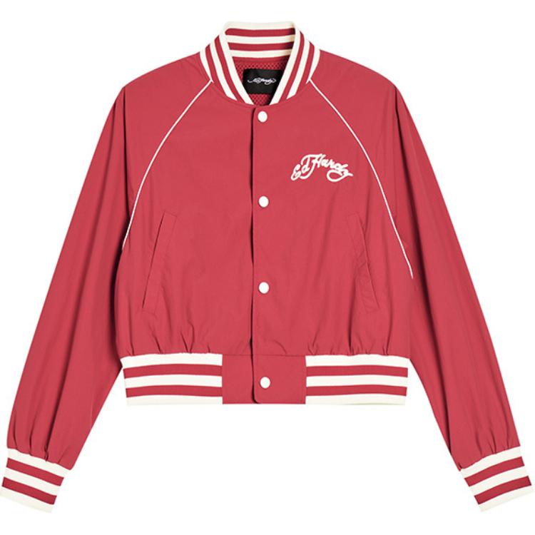 (Women) Ed Hardy SS24 Cropped Baseball Jacket Red with Contrast Lettering. E1QBW448