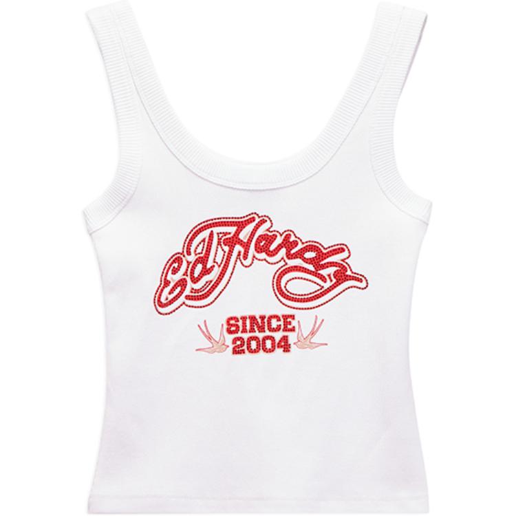 (Women) Ed Hardy SS25 Rhinestone U-Neck Sleeveless Tank Top Women Ivory White E1RAW431