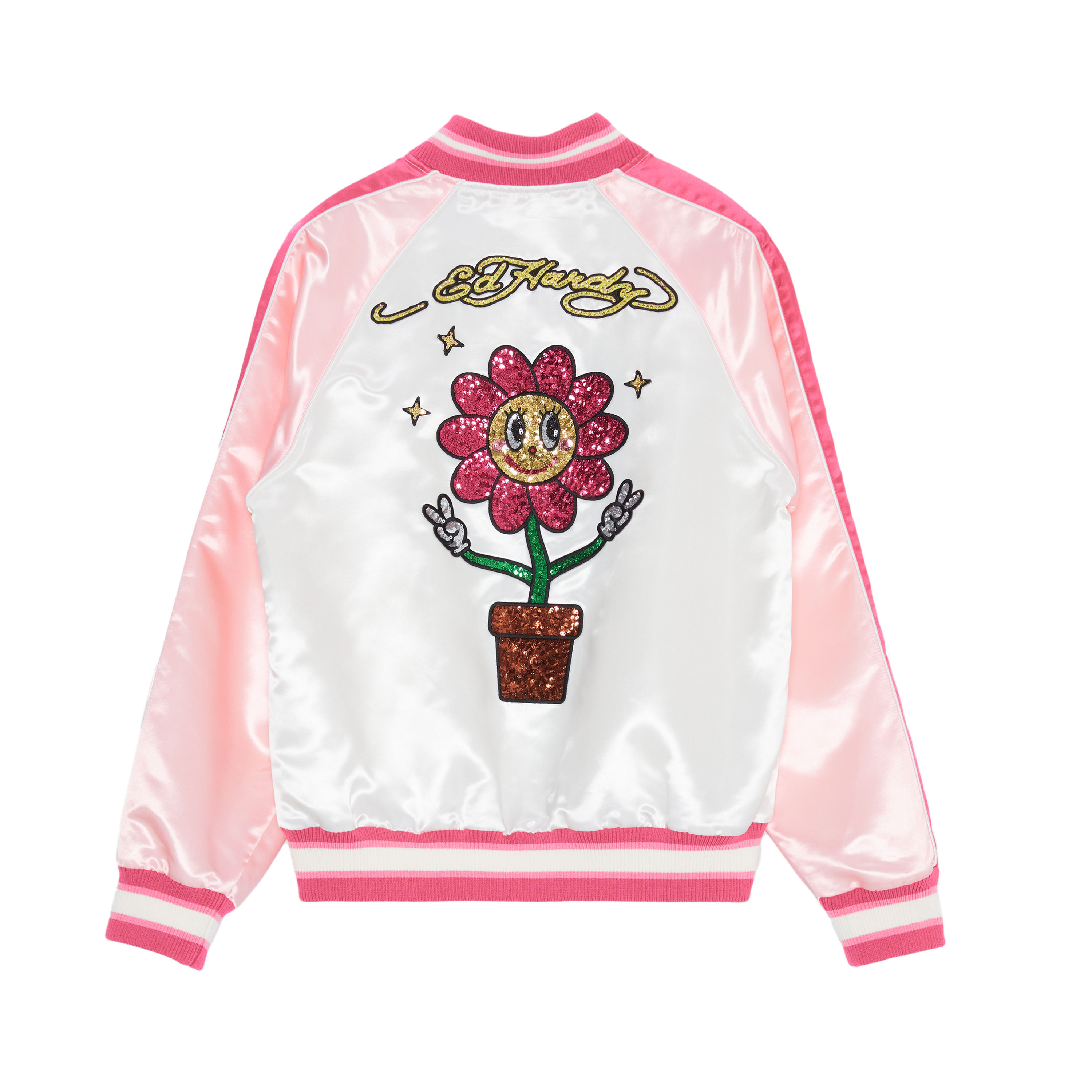 (Women) Ed Hardy Sunflower Print Bomber Jacket Ivory White. E1ODW391