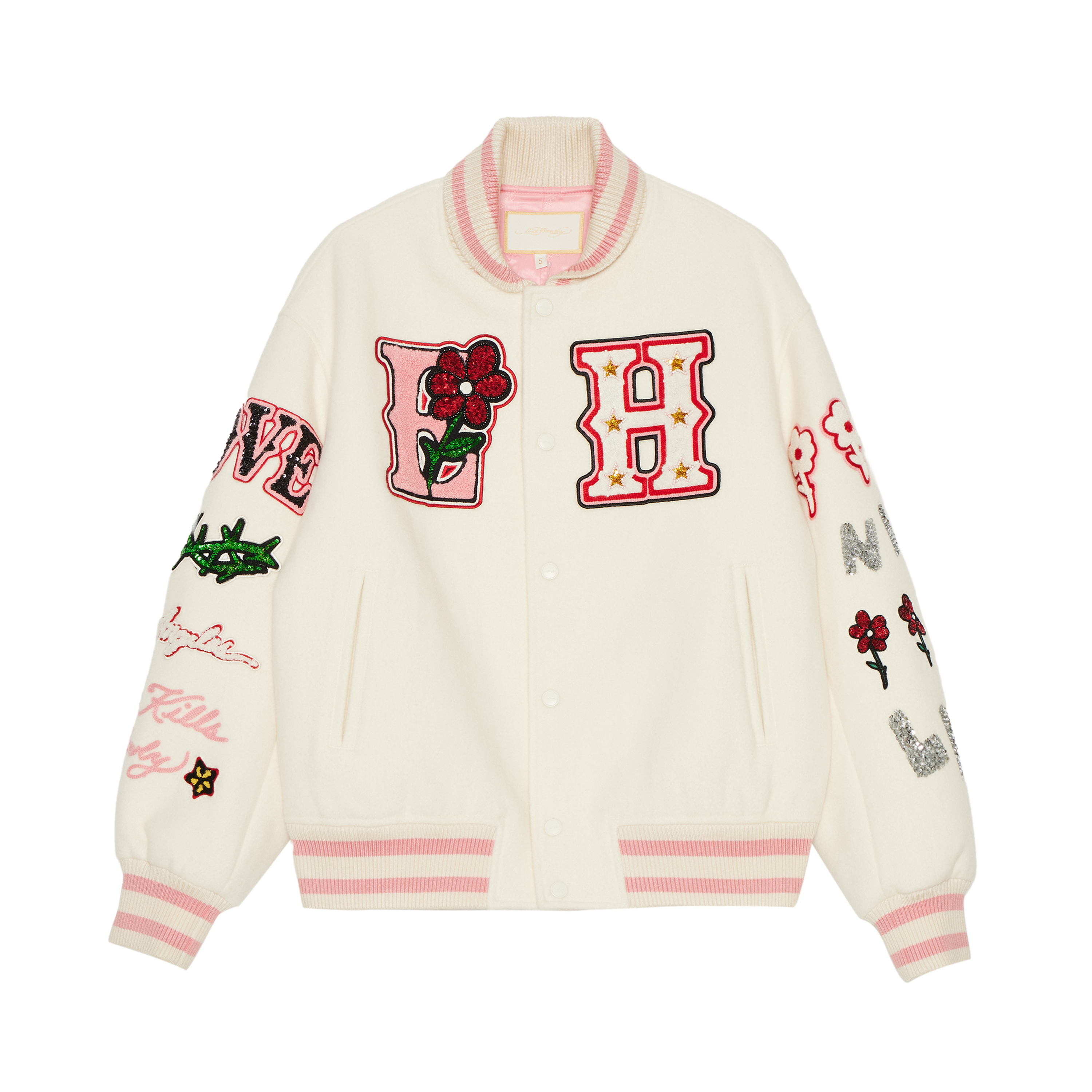(Women) Ed Hardy White Rose Letter Print Loose Baseball Jacket Long Sleeve E1PDW371