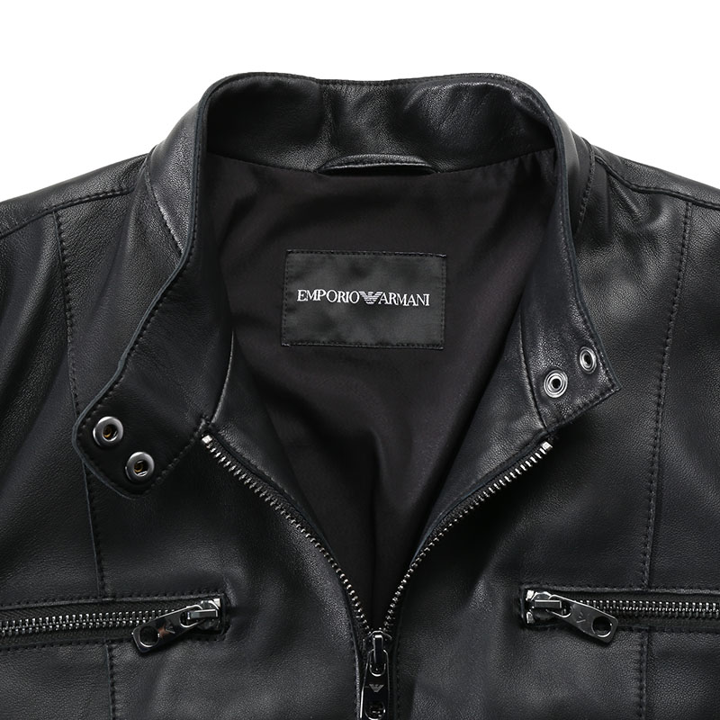 Sizing (W) Emporio Armani 黑色皮夹克立领 SS24 H4NB65-E2P86-999