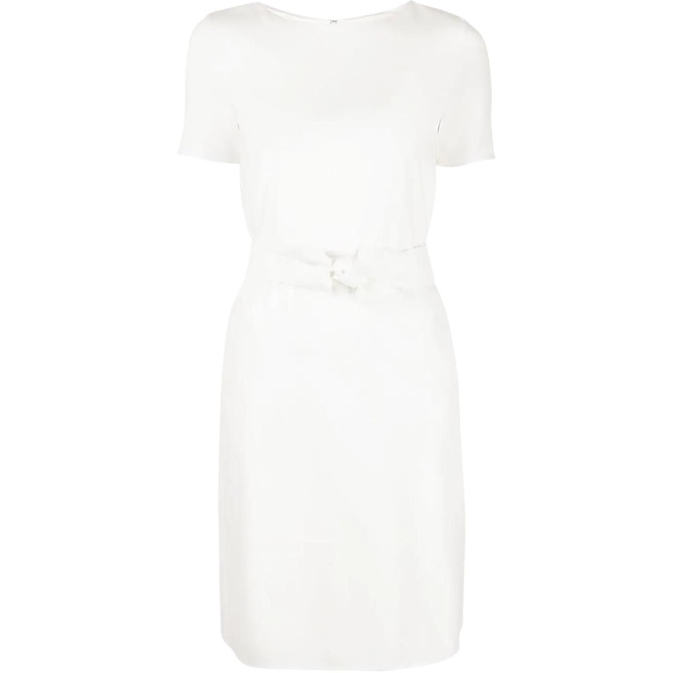 (Women) EMPORIO ARMANI  SS22 White Short-Sleeve A-Line Belted Dress. INA1ST-I991-6101