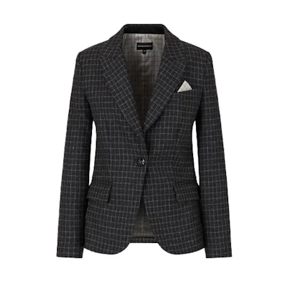 (Women) Emporio Armani Black Plaid Single-Button Blazer with Patch Pockets. 6K2G76-2N9AZ-F603