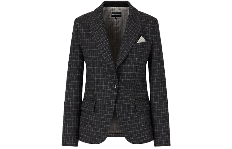 Order (W) Emporio Armani Blazer Hitam Kotak Butang Tunggal dengan Poket Patch. 6K2G76-2N9AZ-F603