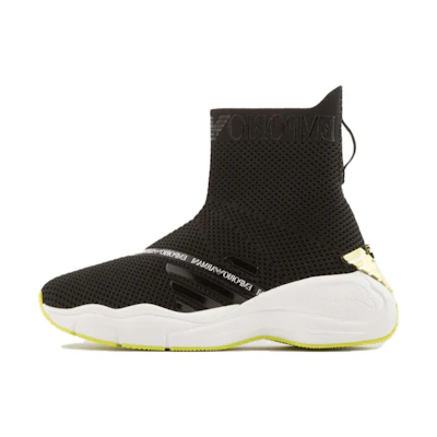 (W) Emporio Armani CNY Series 'Black Leather Mesh Knit Sock'