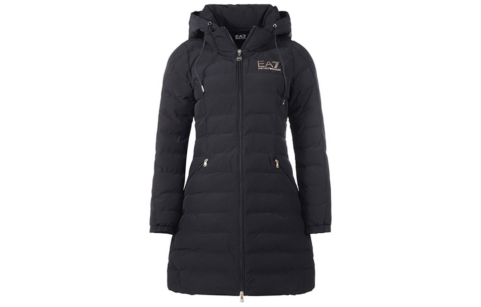(Women) EMPORIO ARMANI EA7  Black Logo Printed Hooded Long Cotton Coat 6LTL01-TN5VZ-0200