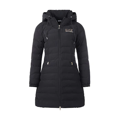(Women) EMPORIO ARMANI EA7 Black Logo Printed Hooded Long Cotton Coat 6LTL01-TN5VZ-0200