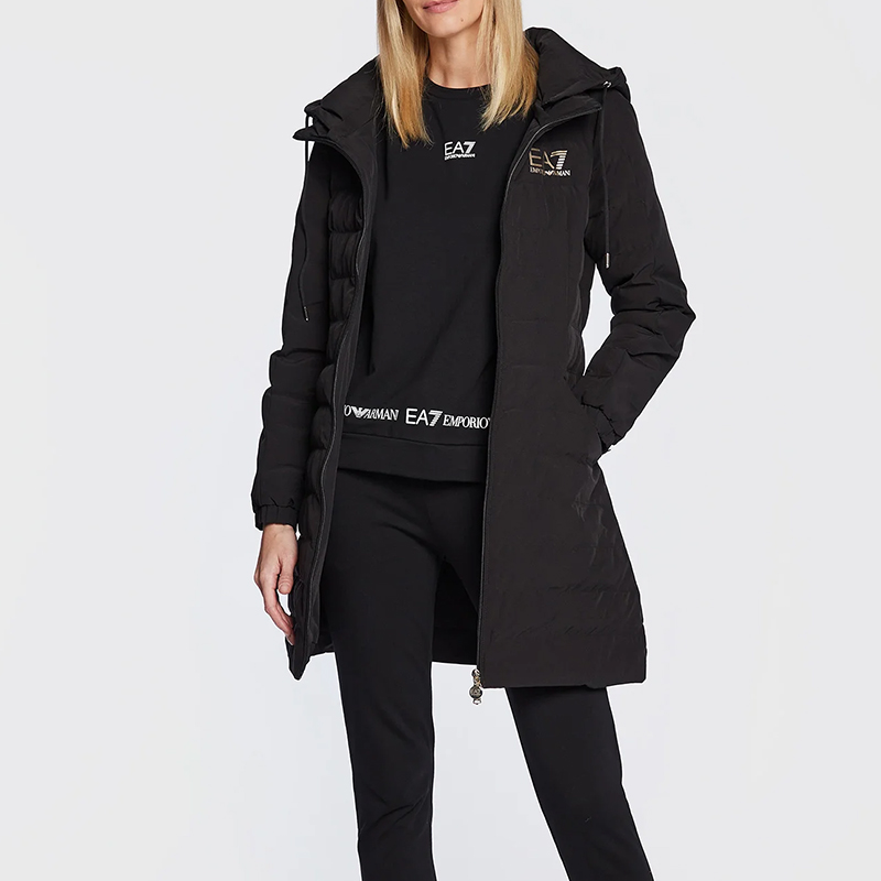Shop (W) EMPORIO ARMANI EA7 黑色標誌連帽印花長版棉外套 6LTL01-TN5VZ-0200