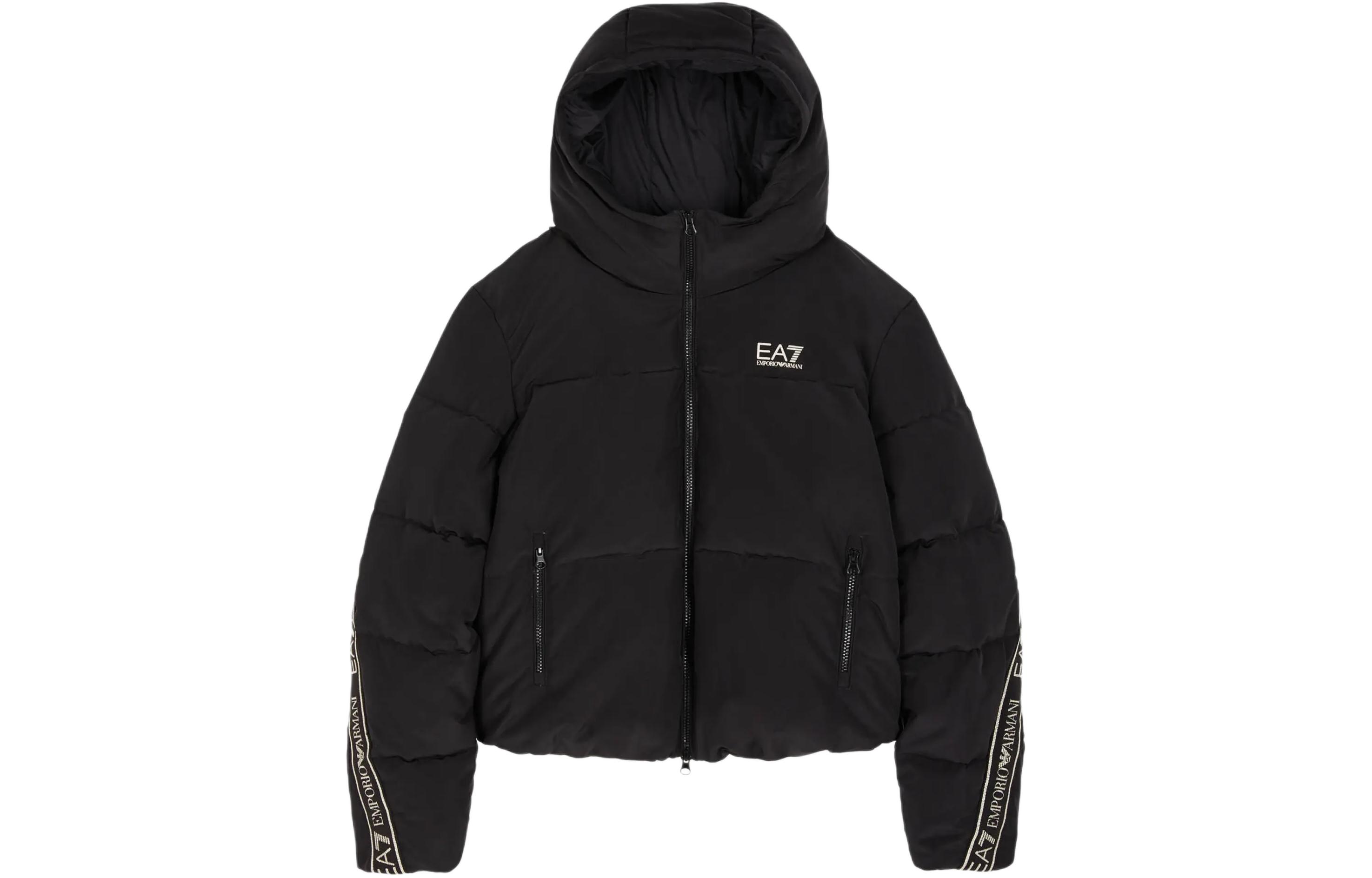 (Women) EMPORIO ARMANI EA7  Black Logo Trim Hoodie Jacket - Casual Athletic Wear. 6RTB25-TN8AZ-1200