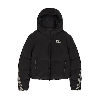 (Women) EMPORIO ARMANI EA7 Black Logo Trim Hoodie Jacket - Casual Athletic Wear. 6RTB25-TN8AZ-1200